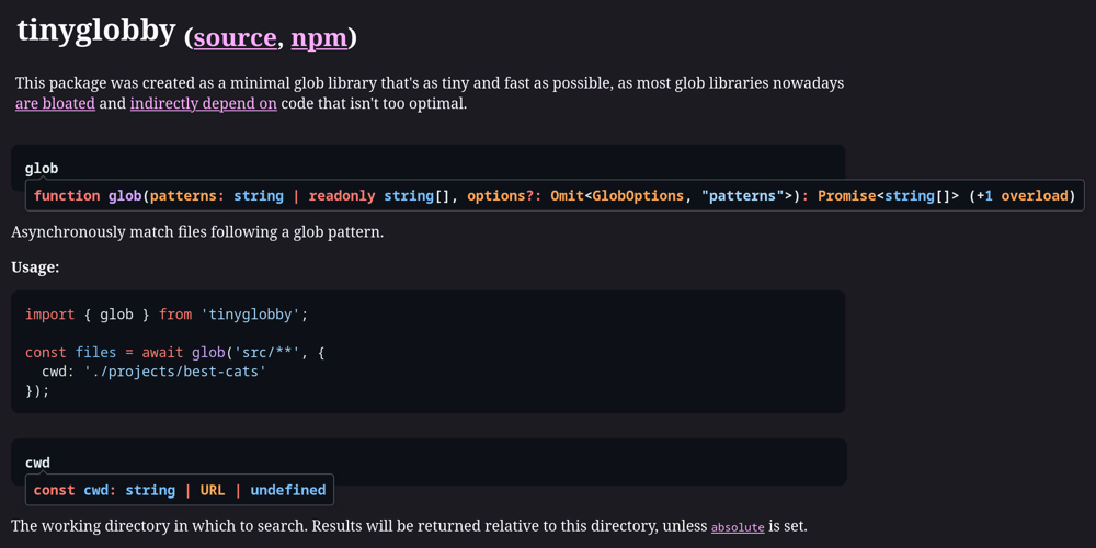 Cover Image for tinyglobby now has a proper docs page
